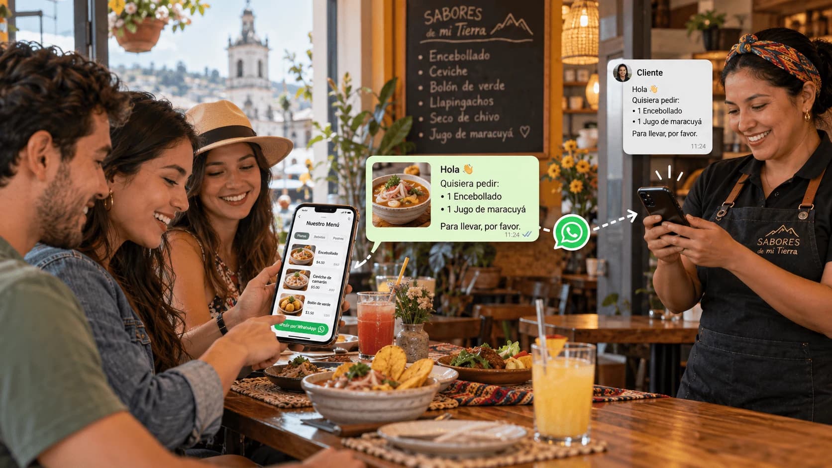 Clientes eligiendo platos en un menú digital y enviando su pedido por WhatsApp a la persona del negocio